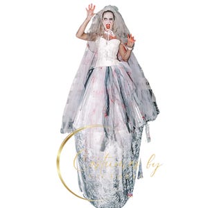 Spooky Zombie Bride Stilt Costume for Female Stilt Walker, Scary Halloween Stilt Dress for Stilt Walkers for Ladies Dura Stilts & Peg Stilts
