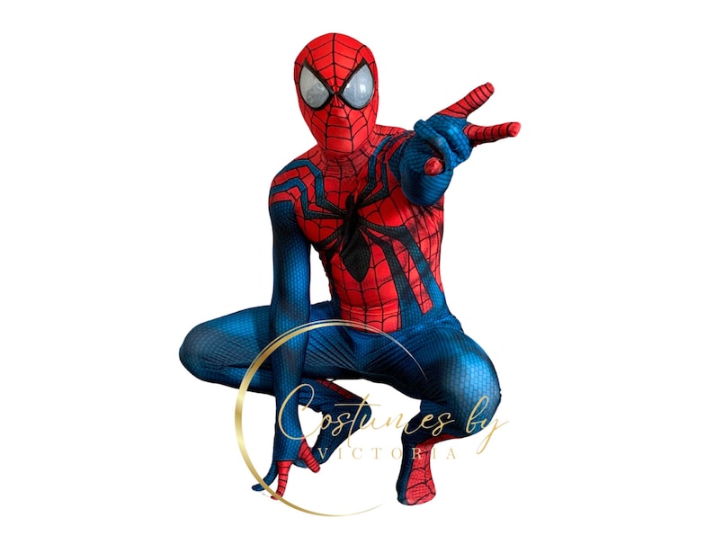 May include: A red and blue Spiderman costume with a black spider web design. The costume has a mask with large white eyes.