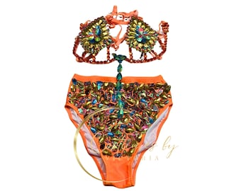 Pumpkin Orange Rhinestone Samba Showgirl Bikini for Samba Costume, Crystal Tassel Show Girl Cage Cutout Bra Set Carnival Halloween Outfit