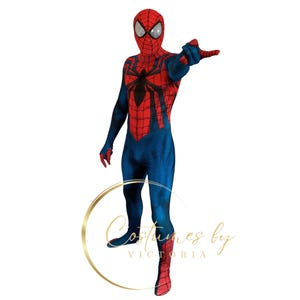 May include: A red and blue Spiderman costume with a black spider logo on the chest. The costume has a mask with white eyes.