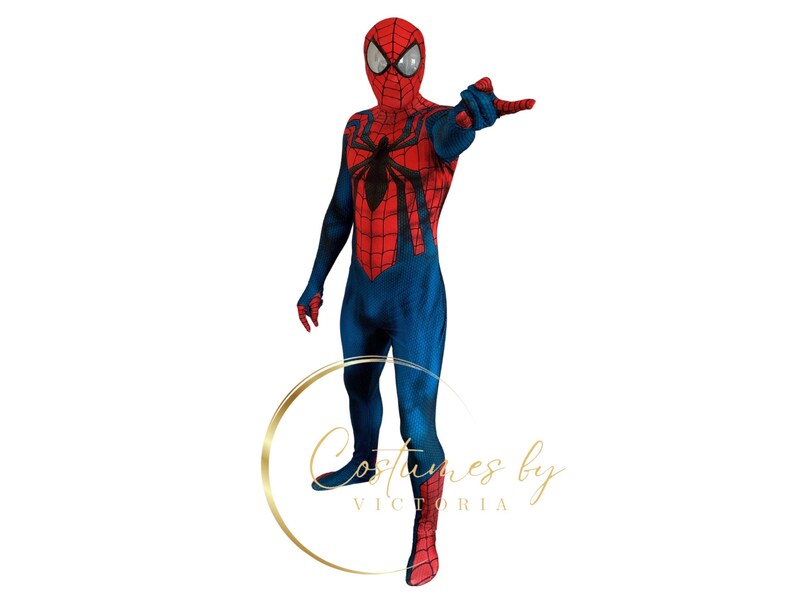 May include: A red and blue Spiderman costume with a black spider logo on the chest. The costume has a mask with white eyes.