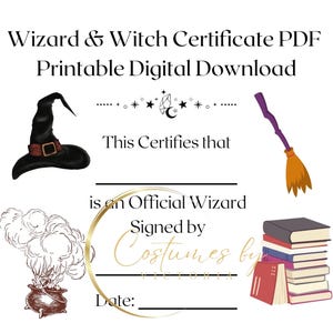 Op de afbeelding: Printbaar PDF-certificaat dat iemand als officiële tovenaar certificeert. Het certificaat bevat een zwarte heksenhoed, een paars-oranje bezem en een ketel met rook. De tekst "Dit certificaat dat... een officiële tovenaar is Getekend door Kostuums door... Datum:" is inbegrepen.