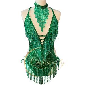 Traje de corista con lentejuelas verde esmeralda para bailarinas en espectáculos de producción, leotardo de corista con borlas de cuentas verde vibrante para el día de San Patricio irlandés