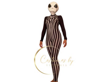 Complete Female Adult Jack Skellington Costume with for Halloween Outfit, Skeleton Outfit for Adults Ladies Catsuit with Mask for Halloween