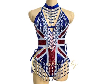 British Flag Tassel Sequin Showgirl Leotard for Dance Costume, Union Jack UK Flag Burlesque and Jubilee Day Outfit
