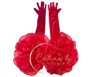 Statement Red Velvet Opera Gloves for Showgirl Outfit and Dance Costume, Oversized Velour Above Elbow Gloves for Luxury Burlesque Costume