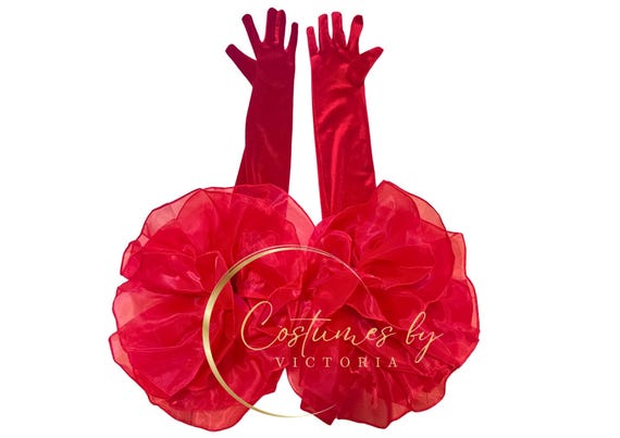 Statement Red Velvet Opera Gloves for Showgirl Outfit and Dance Costume, Oversized Velour Above Elbow Gloves for Luxury Burlesque Costume