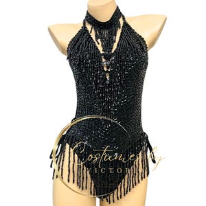 Plain Black Sequin Showgirl Costume for Dancers in Production Shows, Classic Black Beaded Tassel Show Girl Leotard for Burlesque Artist