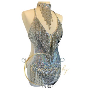 Holographic Silver Sequin Showgirl Costume for Dancers in Production Shows, Beaded Tassel Show Girl Leotard for Burlesque & Dance Costume