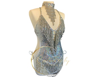 Holographic Silver Sequin Showgirl Costume for Dancers in Production Shows, Beaded Tassel Show Girl Leotard for Burlesque & Dance Costume