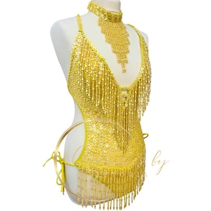 Déguisement de showgirl Vegas à sequins jaunes pour danseuses lors de spectacles, justaucorps de fille de spectacle à pampilles et perles citron pour costume burlesque en or