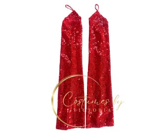 Sparkly Sequin Red Fingerless Opera Gloves for Showgirl Outfit and Dance Costume, Embellished Above Elbow Gloves for Burlesque Costume