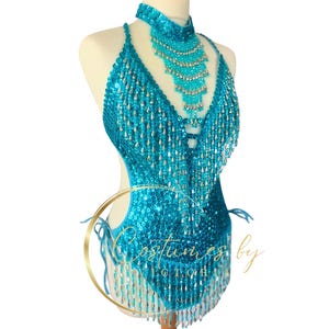 Turquoise Silver Tassel Sequin Showgirl Leotard for Dance Costume, Bright Blue Burlesque Performances and Festival Outfit
