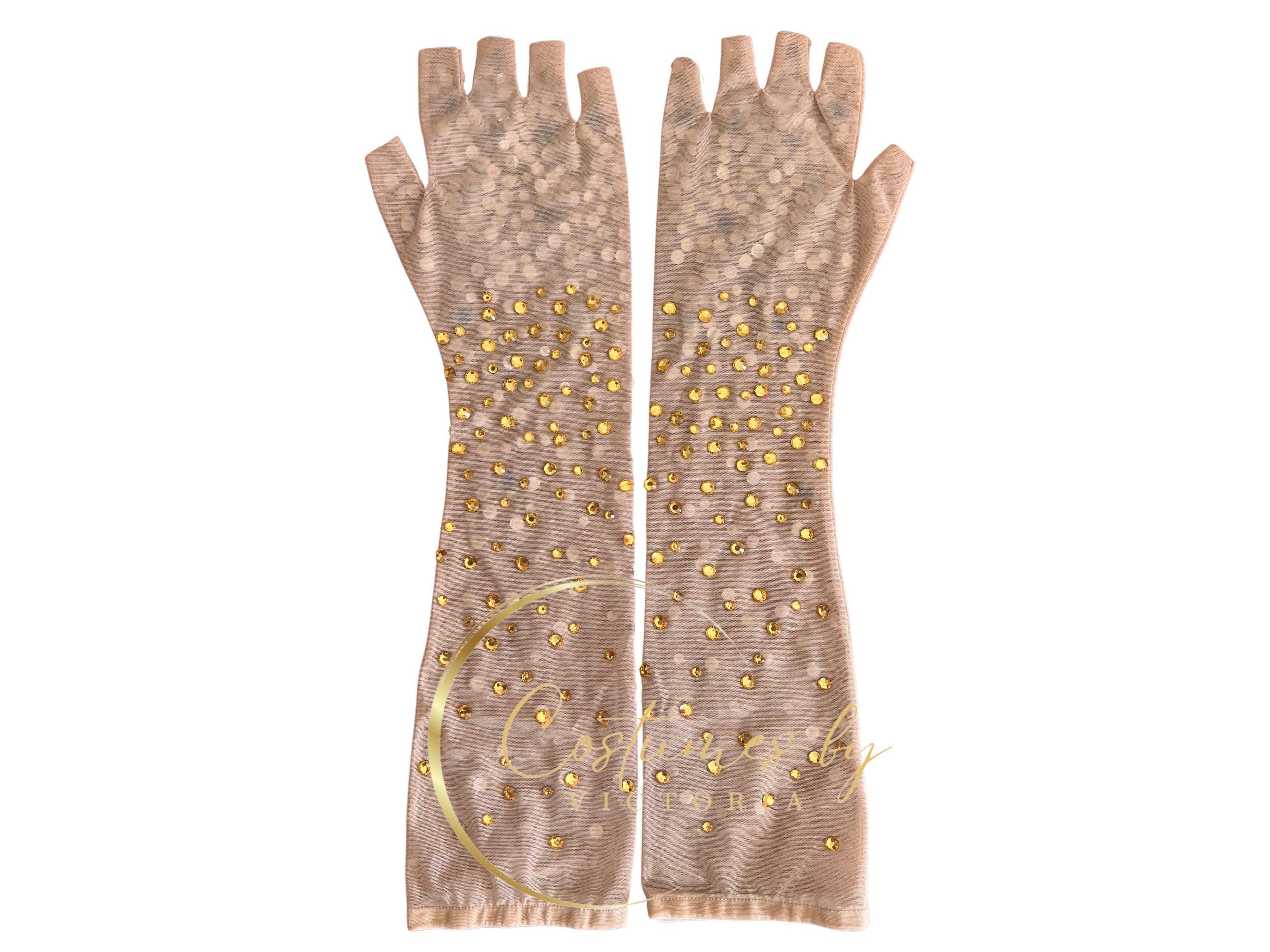 Rhinestone Gold Mesh Fingerless Opera Gloves for Prom Outfit
