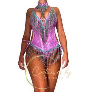 Purple Green Sequin Showgirl Costume for Dance Production Show Costume, Colourful Lilac Beaded Tassel Show Girl Leotard for Burlesque Artist