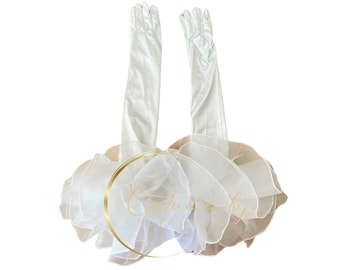 Statement White Satin Opera Gloves for Showgirl Outfit and Burlesque Dance Costume, Oversized Velour Above Elbow Gloves for Bridal Wedding