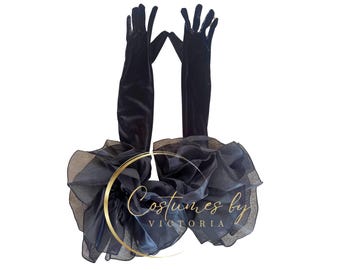 Halloween Statement Black Velvet Opera Gloves for Showgirl Outfit & Dance Costume, Oversized Velour Above Elbow Gloves for Burlesque Costume