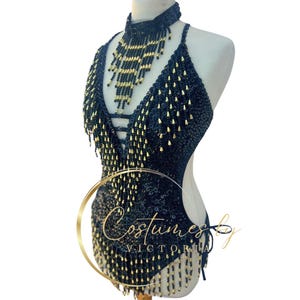 Black & Gold Sequin Showgirl Costume for Dancers in Production Shows, Classic Beaded Tassel Show Girl Leotard for Christmas Burlesque Artist