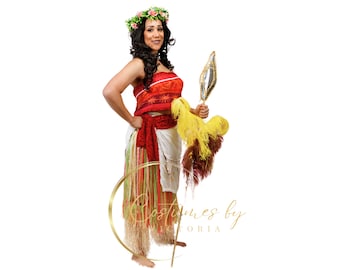 Complete Island Princess Moana Costume & Wig, Entire Wayfinder Princess Costume with Wig for Childrens Entertainment and Princess Parties