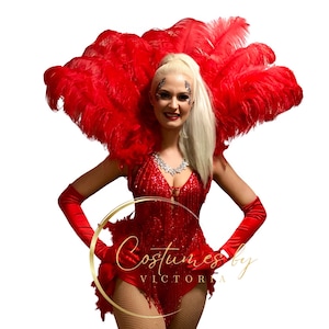 Red Showgirl Ostrich Feather Collar for Showgirl Costume, Red Bespoke Showgirl Feathers for Vegas Dancer Outfit Production Show Costume