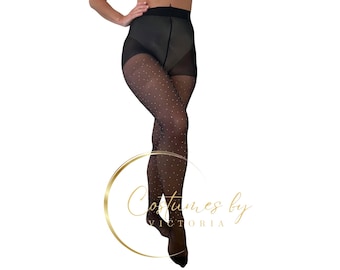 May include: Black tights with a subtle pattern of small white dots. The tights are sheer and have a matte finish.