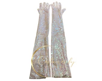 Sparkly Iridescent White Opera Gloves for Showgirl Outfit and Dance Costume, Embellished Above Elbow Gloves for Burlesque Costume & Hen Do