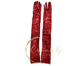 Sparkly Red Opera Gloves for Luxury Showgirl Outfit and Dance Costume, Embellished Above Elbow Gloves for Burlesque & Circus Costume