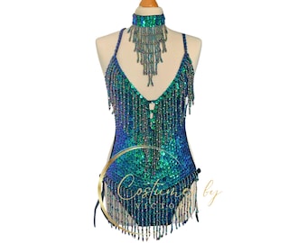 Mermaid Green Sequin Showgirl Costume for Dance Costume in Production Shows, Peacock Green Beaded Tassel Show Girl Leotard for Burlesque