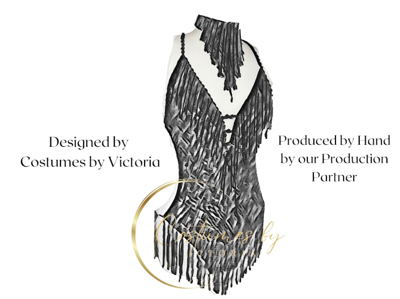 May include: Black fringe dance costume with a geometric pattern. Designed by Costumes by Victoria. Produced by Hand by our Production Partner.