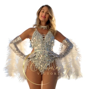 Dazzling Silver Star Sequin Showgirl Leotard for Dance Costume, Bachelorette Parties, Burlesque Performances and Festival Outfit
