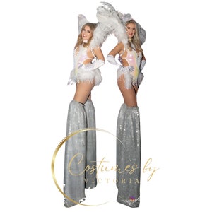 Complete White & Silver Showgirl Stilt Costume, Entire Circus Showgirl Costume on Stilts with Feather Collar for Dura Stilts and Peg Stilts