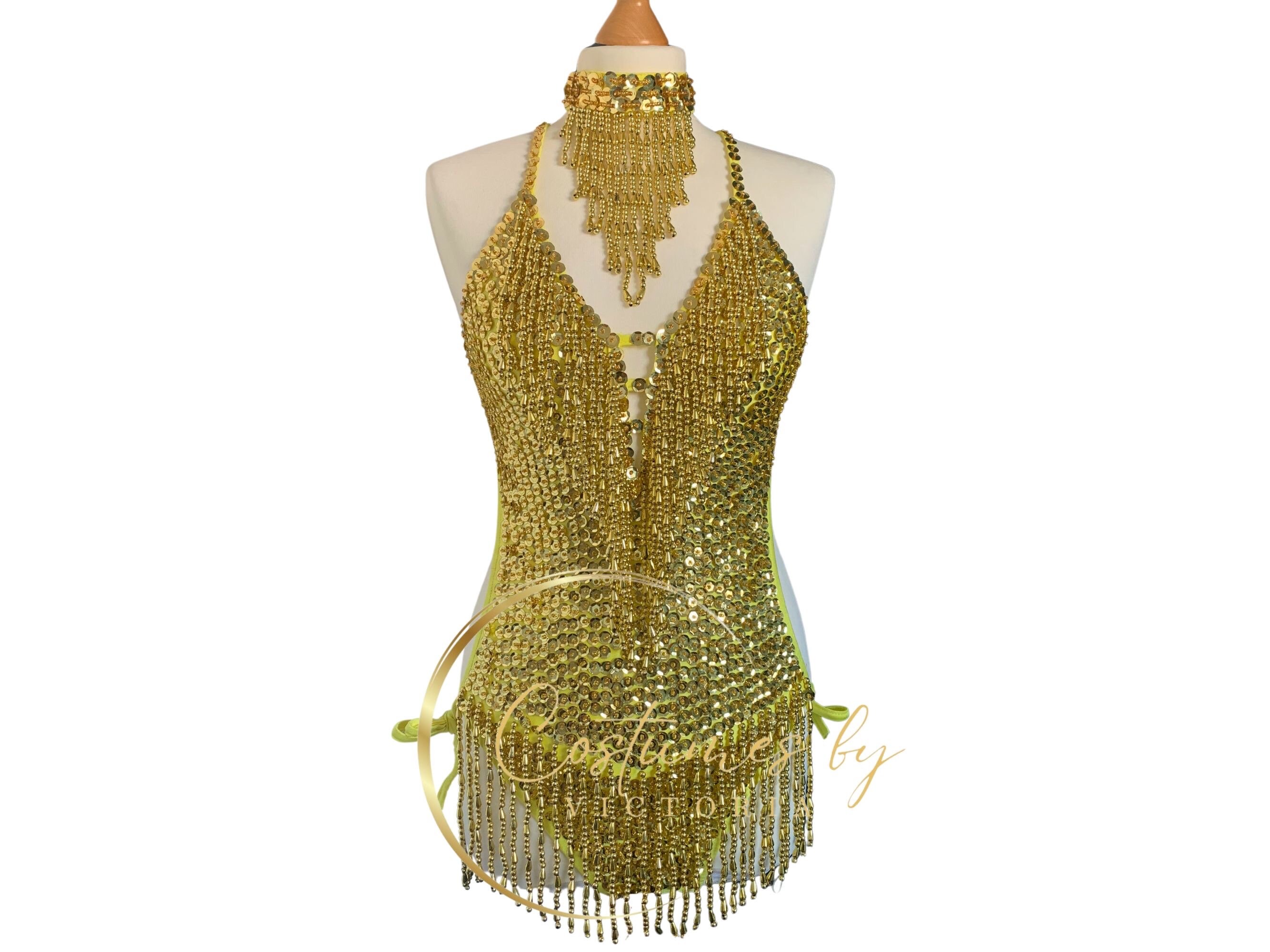 Gold Sequin Vegas Showgirl Costume for Dancers in Production Shows, Golden Beaded Tassel Show Girl Leotard for Burlesque Costume in Yellow