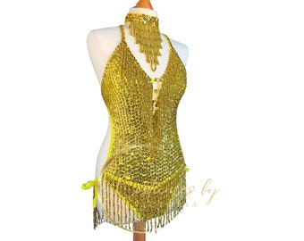 Gold Sequin Vegas Showgirl Costume for Dancers in Production Shows, Golden Beaded Tassel Show Girl Leotard for Burlesque Costume in Yellow