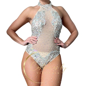 Traje de malla aérea con diamantes de imitación: leotardo transparente con adornos para espectáculos de circo, burlesque y danza.