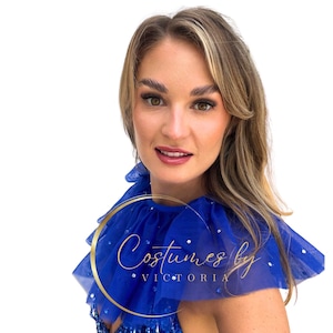 Statement Royal Blue Netted Rhinestone Neck Ruffle – Circus Costume Collar, Blue Mesh Silver Showgirl Neckpiece for Circus Outfit