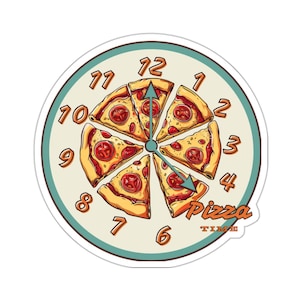 It&#39;s Always Pizza Time Sticker | Fun Cartoon Pizza with Clock Design | Vinyl Decal for Laptops, Water Bottles, and More