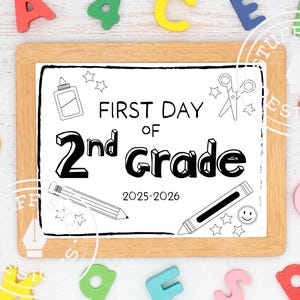 First Day of Second Grade 2025-2026 black and white, coloring sign, instant download