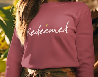 Redeemed Christian Cross Sweatshirt Modern Typography Faith Based Crewneck Sweatshirt