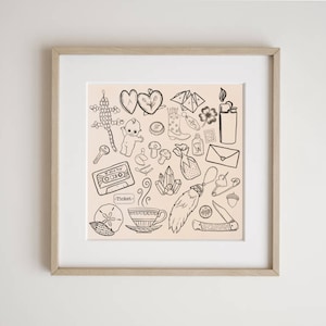 May include: A black and white line drawing of various objects, including a heart, a teacup, a cassette tape, a crystal, a feather, a baby doll, a key, a mushroom, a lighter, a boot, a seashell, a fortune cookie, a knife, a pin, an acorn, a clover, a tooth, a bag, an envelope, a star, a wishbone, a ring, a dragonfly, and a paper airplane. The drawing is on a light pink background.