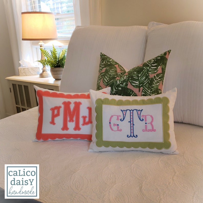 Scallop Border Embroidered Monogram Sham 12 x 16 or 12 x 18 image 4