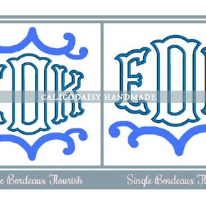 May include: Two versions of a monogram with the letters "EOK" in a blue and white font. The monogram is surrounded by a blue flourish. The left monogram has a double flourish and the right monogram has a single flourish. The text "CalicoDaisy Handmade" appears below the monograms.