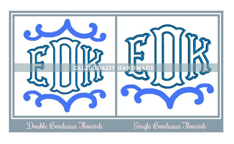 May include: Two versions of a monogram with the letters "EOK" in a blue and white font. The monogram is surrounded by a blue flourish. The left monogram has a double flourish and the right monogram has a single flourish. The text "CalicoDaisy Handmade" appears below the monograms.