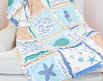Handmade Rag Quilt – Beach Theme Ocean Baby Bedding, Nautical Seascape Blanket, Coastal Crib Quilt | Blue Beige Emerald | Shell Baby Blanket