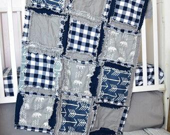 Bear Rag Quilt for Navy Blue Nursery, Baby Quilts for Sale, Boy Crib Bedding Set Plaid Baby Blanket