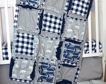 Navy Blue Gray Plaid Bear Rag Quilt, Woodland Adventure Baby Blanket, Baby Boy Quilt