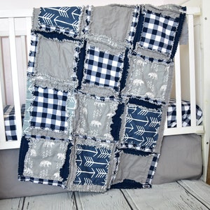 Navy Blue Gray Plaid Bear Rag Quilt, Woodland Adventure Baby Blanket