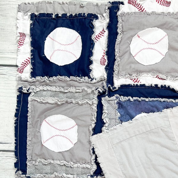 Baseball Nursery Baby Boy Rag Quilt and Softball Blanket, Sports Theme Rag Quilt, Navy Crib Bedding for Boys