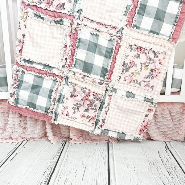 Blush Blanket Floral Comforter Baby Girl Rag Quilt, Pink Crib Bedding Boho Baby Blanket, Baby Girl