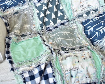 Baby Rag Quilt, Baby Boy Quilt, Woodland Rag Quilt, Navy Blue, Mint Green Bedding