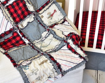 Red and Gray Airplane Baby Boy Rag Quilt and Crib Bedding Set, Baby Boy Crib Sets, Also Twin Quilt and Toddler Bedding for Boys